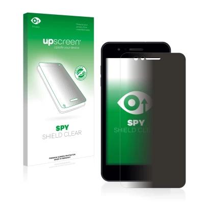 Parte frontal de un envase de producto con el logotipo de la marca upscreen. Al lado se muestra el dispositivo LG K9 con su pr