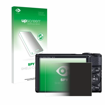 Parte frontal de un envase de producto con el logotipo de la marca upscreen. Al lado se muestra el dispositivo Canon PowerShot