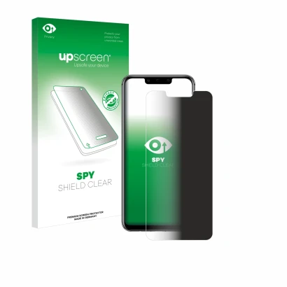 Parte frontal de un envase de producto con el logotipo de la marca upscreen. Al lado se muestra el dispositivo Huawei Mate 20 