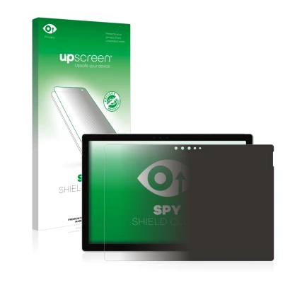 Parte frontal de un envase de producto con el logotipo de la marca upscreen. Al lado se muestra el dispositivo Microsoft Surfa