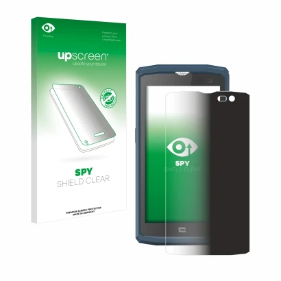 Parte frontal de un envase de producto con el logotipo de la marca upscreen. Al lado se muestra el dispositivo Crosscall Core