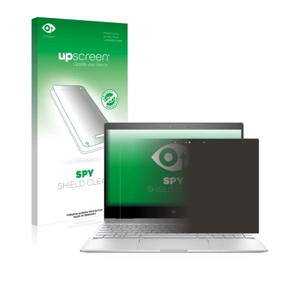Parte frontal de un envase de producto con el logotipo de la marca upscreen. Al lado se muestra el dispositivo HP Spectre x360