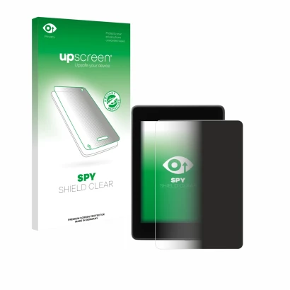 Parte frontal de un envase de producto con el logotipo de la marca upscreen. Al lado se muestra el dispositivo Amazon Kindle P