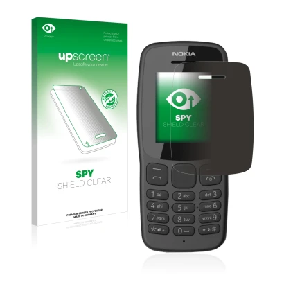 Parte frontal de un envase de producto con el logotipo de la marca upscreen. Al lado se muestra el dispositivo Nokia 106 2018
