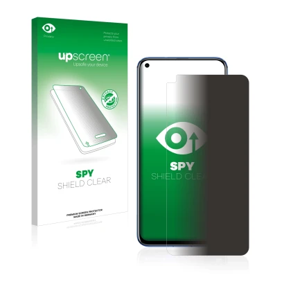 Parte frontal de un envase de producto con el logotipo de la marca upscreen. Al lado se muestra el dispositivo Honor View 20 c