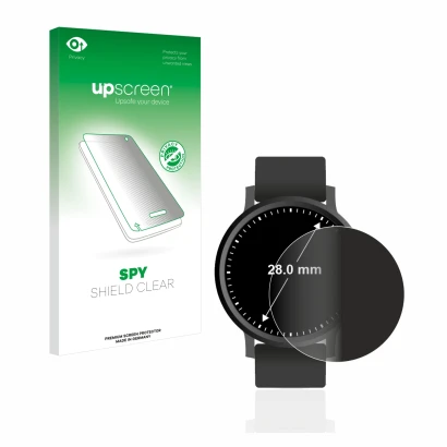 Parte frontal de un envase de producto con el logotipo de la marca upscreen. Al lado se muestra el dispositivo Circular Displa