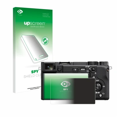 Parte frontal de un envase de producto con el logotipo de la marca upscreen. Al lado se muestra el dispositivo Sony Alpha 6400