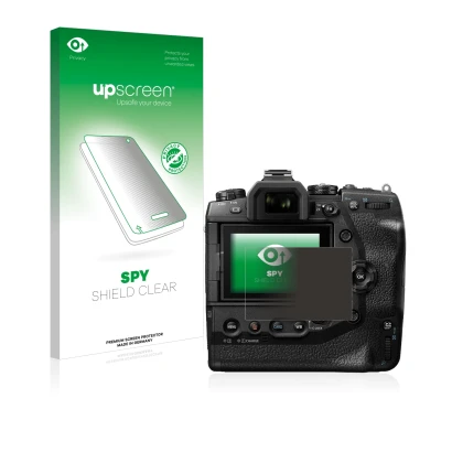 Parte frontal de un envase de producto con el logotipo de la marca upscreen. Al lado se muestra el dispositivo Olympus OM-D E-