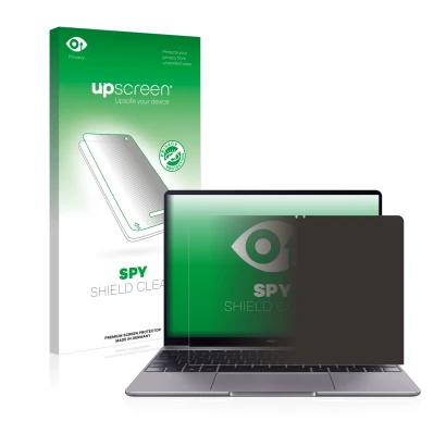 Parte frontal de un envase de producto con el logotipo de la marca upscreen. Al lado se muestra el dispositivo Huawei MateBook