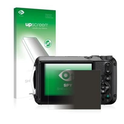 Parte frontal de un envase de producto con el logotipo de la marca upscreen. Al lado se muestra el dispositivo Ricoh WG-6 con 