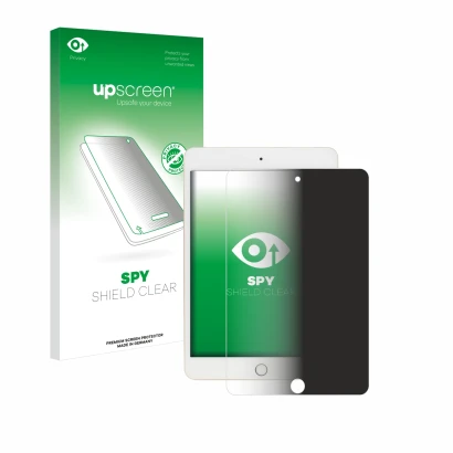 Parte frontal de un envase de producto con el logotipo de la marca upscreen. Al lado se muestra el dispositivo Apple iPad Mini