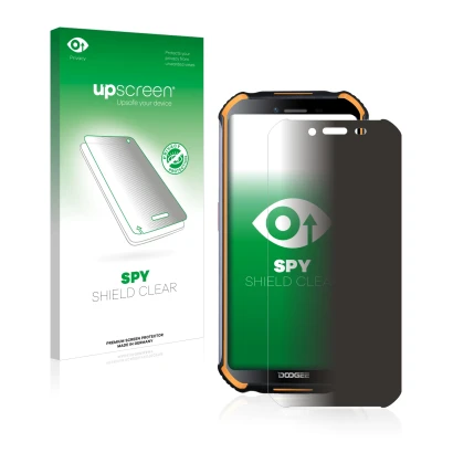Parte frontal de un envase de producto con el logotipo de la marca upscreen. Al lado se muestra el dispositivo Doogee S40 con 