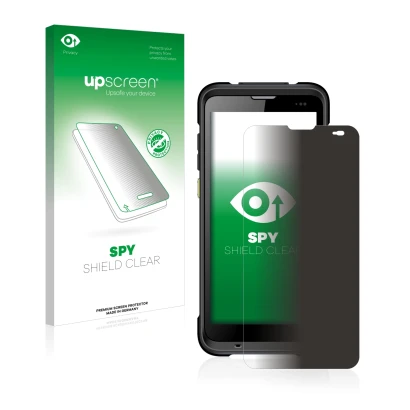 Parte frontal de un envase de producto con el logotipo de la marca upscreen. Al lado se muestra el dispositivo Chainway C66 co