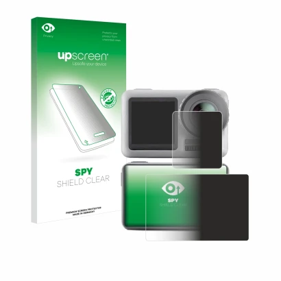 Parte frontal de un envase de producto con el logotipo de la marca upscreen. Al lado se muestra el dispositivo DJI Osmo Action