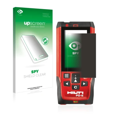 Parte frontal de un envase de producto con el logotipo de la marca upscreen. Al lado se muestra el dispositivo Hilti PD-E con