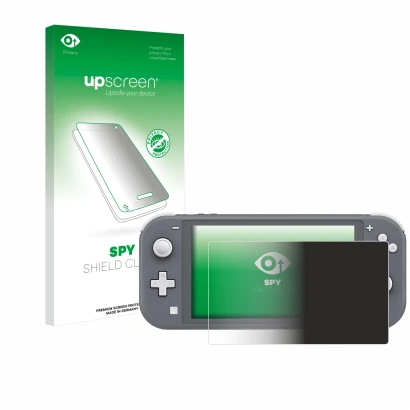 Parte frontal de un envase de producto con el logotipo de la marca upscreen. Al lado se muestra el dispositivo Nintendo Switch