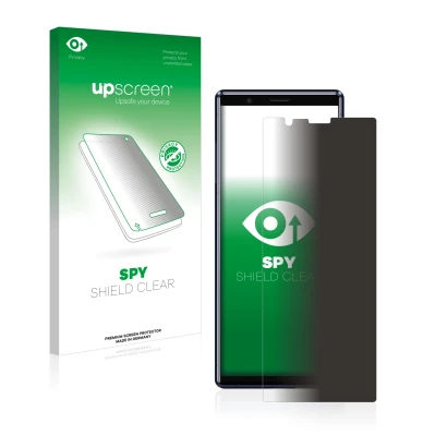 Parte frontal de un envase de producto con el logotipo de la marca upscreen. Al lado se muestra el dispositivo Sony Xperia 5 c