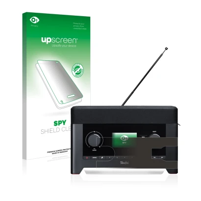 Parte frontal de un envase de producto con el logotipo de la marca upscreen. Al lado se muestra el dispositivo Teufel Radio 3s