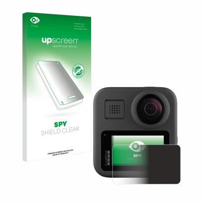 Parte frontal de un envase de producto con el logotipo de la marca upscreen. Al lado se muestra el dispositivo GoPro Max con s