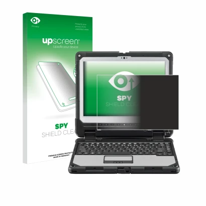 Parte frontal de un envase de producto con el logotipo de la marca upscreen. Al lado se muestra el dispositivo Panasonic Tough