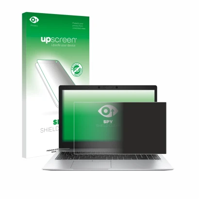 Parte frontal de un envase de producto con el logotipo de la marca upscreen. Al lado se muestra el dispositivo HP EliteBook 85