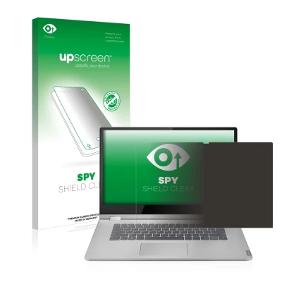 Parte frontal de un envase de producto con el logotipo de la marca upscreen. Al lado se muestra el dispositivo Lenovo IdeaPad 