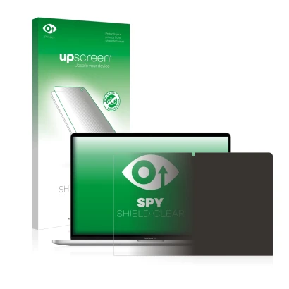 Parte frontal de un envase de producto con el logotipo de la marca upscreen. Al lado se muestra el dispositivo Apple MacBook P