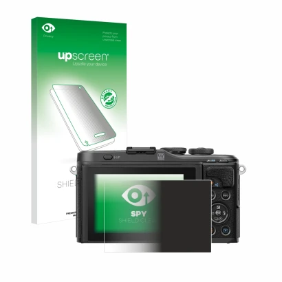Parte frontal de un envase de producto con el logotipo de la marca upscreen. Al lado se muestra el dispositivo Olympus PEN E-P