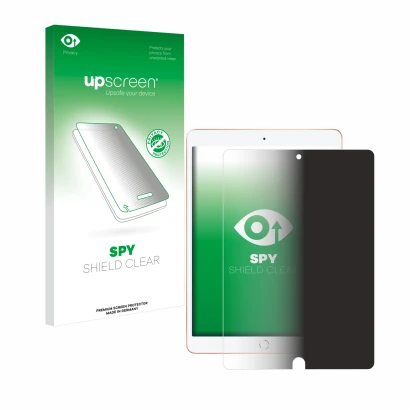 Parte frontal de un envase de producto con el logotipo de la marca upscreen. Al lado se muestra el dispositivo Apple iPad 10.2