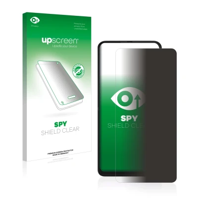 Parte frontal de un envase de producto con el logotipo de la marca upscreen. Al lado se muestra el dispositivo Motorola One Hy