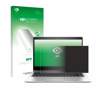 Parte frontal de un envase de producto con el logotipo de la marca upscreen. Al lado se muestra el dispositivo HP EliteBook 84