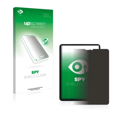 Parte frontal de un envase de producto con el logotipo de la marca upscreen. Al lado se muestra el dispositivo Apple iPad Pro