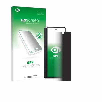 Parte frontal de un envase de producto con el logotipo de la marca upscreen. Al lado se muestra el dispositivo Samsung Galaxy 