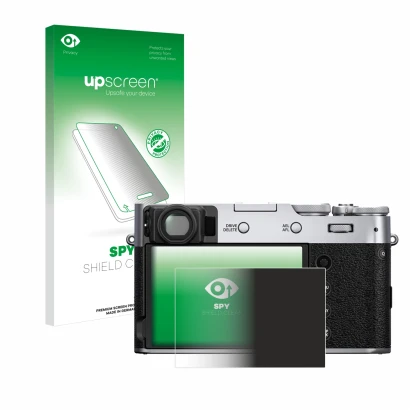 Parte frontal de un envase de producto con el logotipo de la marca upscreen. Al lado se muestra el dispositivo Fujifilm X100V 