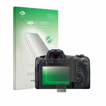 Parte frontal de un envase de producto con el logotipo de la marca upscreen. Al lado se muestra el dispositivo Canon EOS R5 co