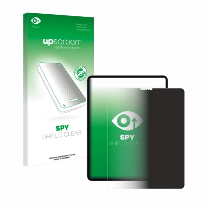Parte frontal de un envase de producto con el logotipo de la marca upscreen. Al lado se muestra el dispositivo Apple iPad 12.9