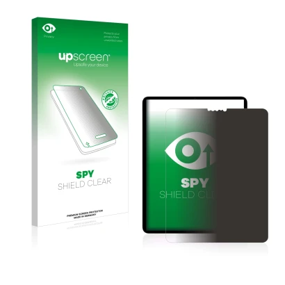 Parte frontal de un envase de producto con el logotipo de la marca upscreen. Al lado se muestra el dispositivo Apple iPad Pro 