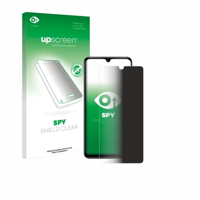 Parte frontal de un envase de producto con el logotipo de la marca upscreen. Al lado se muestra el dispositivo Huawei P30 lite