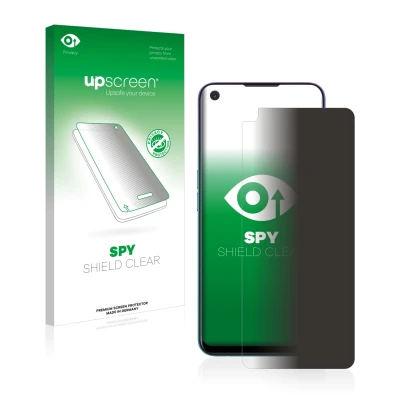Parte frontal de un envase de producto con el logotipo de la marca upscreen. Al lado se muestra el dispositivo Oppo A72 con su