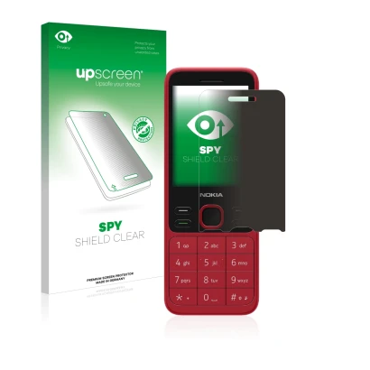 Parte frontal de un envase de producto con el logotipo de la marca upscreen. Al lado se muestra el dispositivo Nokia 150 2020