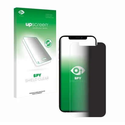 Parte frontal de un envase de producto con el logotipo de la marca upscreen. Al lado se muestra el dispositivo Apple iPhone 12