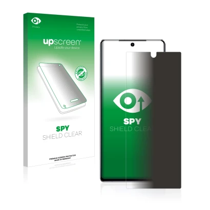 Parte frontal de un envase de producto con el logotipo de la marca upscreen. Al lado se muestra el dispositivo Samsung Galaxy 