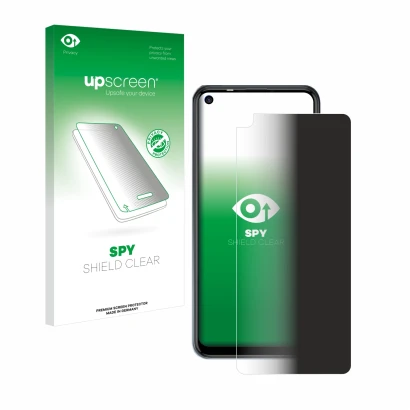 Parte frontal de un envase de producto con el logotipo de la marca upscreen. Al lado se muestra el dispositivo Tecno Spark 5 P
