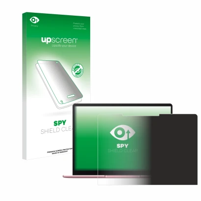 Parte frontal de un envase de producto con el logotipo de la marca upscreen. Al lado se muestra el dispositivo Huawei MateBook