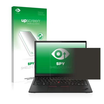 Parte frontal de un envase de producto con el logotipo de la marca upscreen. Al lado se muestra el dispositivo Lenovo ThinkPad