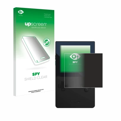 Parte frontal de un envase de producto con el logotipo de la marca upscreen. Al lado se muestra el dispositivo Analogue Pocket