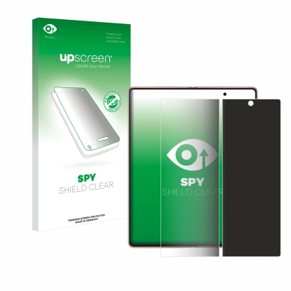 Parte frontal de un envase de producto con el logotipo de la marca upscreen. Al lado se muestra el dispositivo Samsung Galaxy 