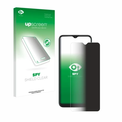 Parte frontal de un envase de producto con el logotipo de la marca upscreen. Al lado se muestra el dispositivo Motorola Moto G