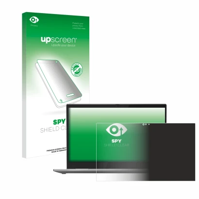 Parte frontal de un envase de producto con el logotipo de la marca upscreen. Al lado se muestra el dispositivo Lenovo ThinkPad