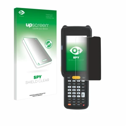Parte frontal de un envase de producto con el logotipo de la marca upscreen. Al lado se muestra el dispositivo Zebra MC330L co